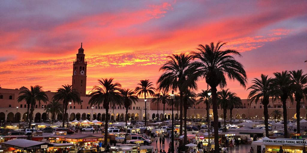 Scène animée de la place Jemaa el-Fna au coucher du soleil