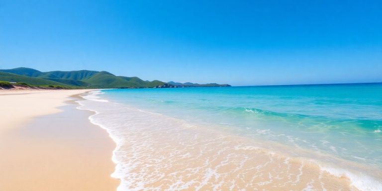 Plage de sable fin, mer turquoise, ciel bleu éclatant.