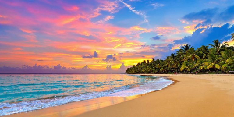 Plage de Bali avec cocotiers et mer turquoise.