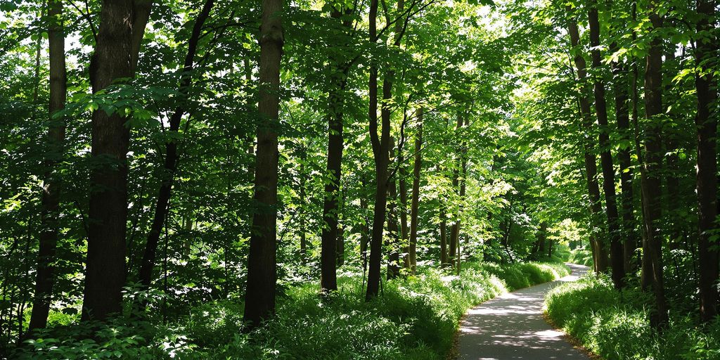 Sentier forestier verdoyant, arbres hauts, lumière solaire tachetée.